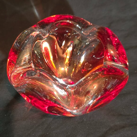 Murano Art Glass Red Orange Clear Crimped Ashtray / Dish - 5 1/2" x 3" H - Picture 3 of 5